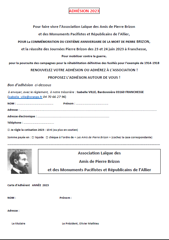 Amis Pierre Brizon 2023 Cotisation