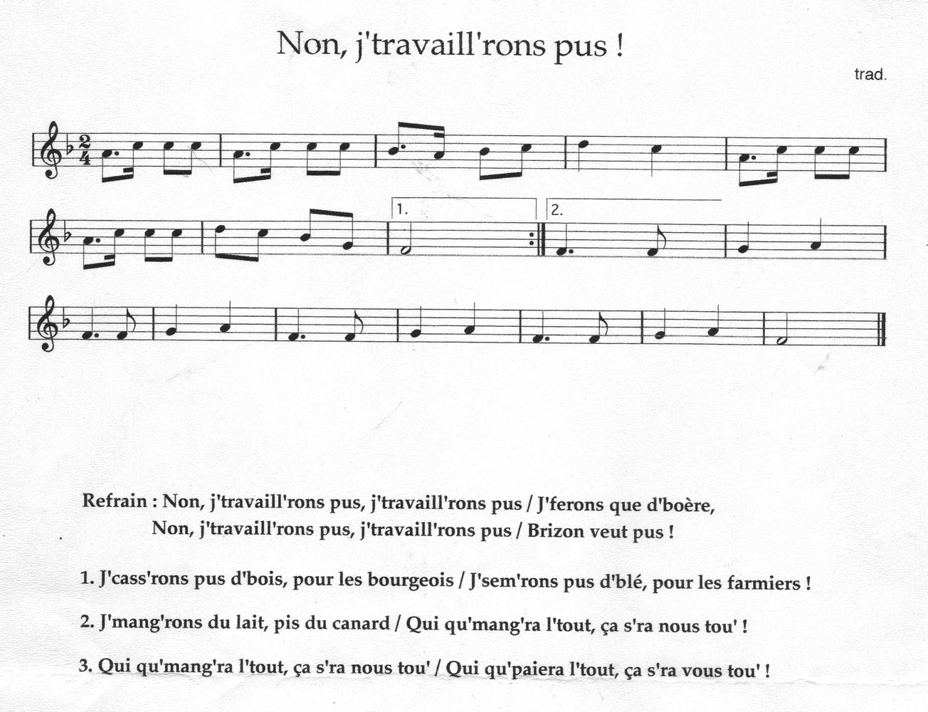 non travaillrons pus chanson